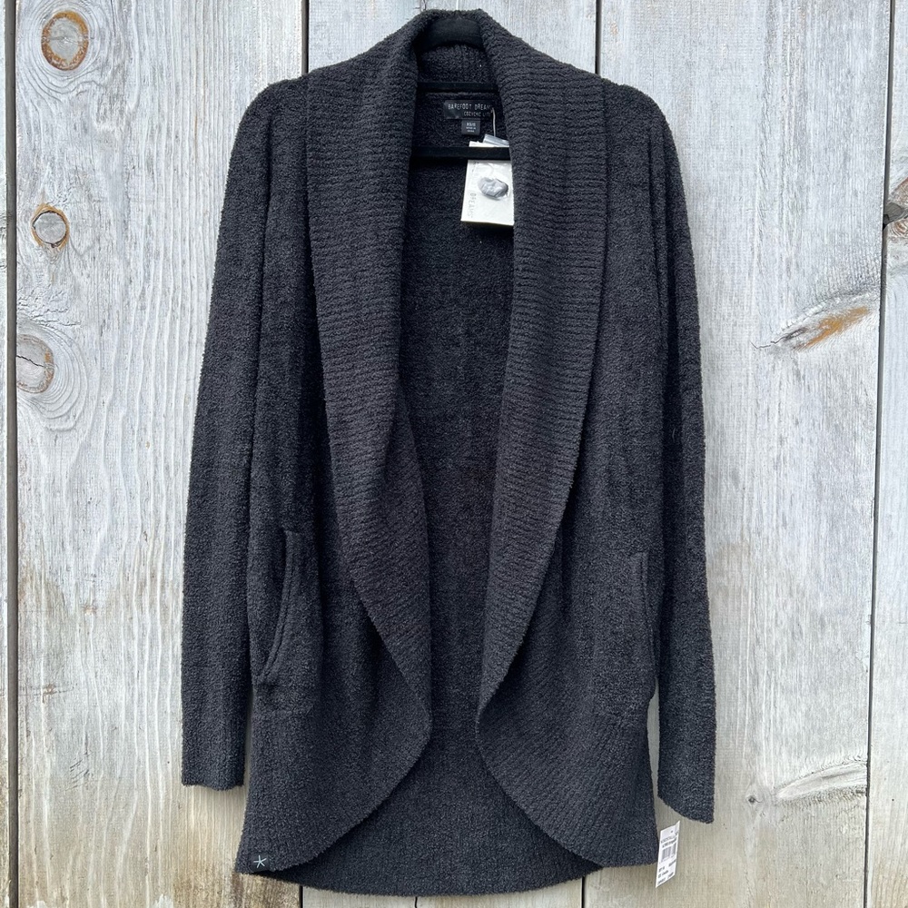 Barefoot Dreams Cozy Chic Lite black boucle knit soft fuzzy open front cardigan
